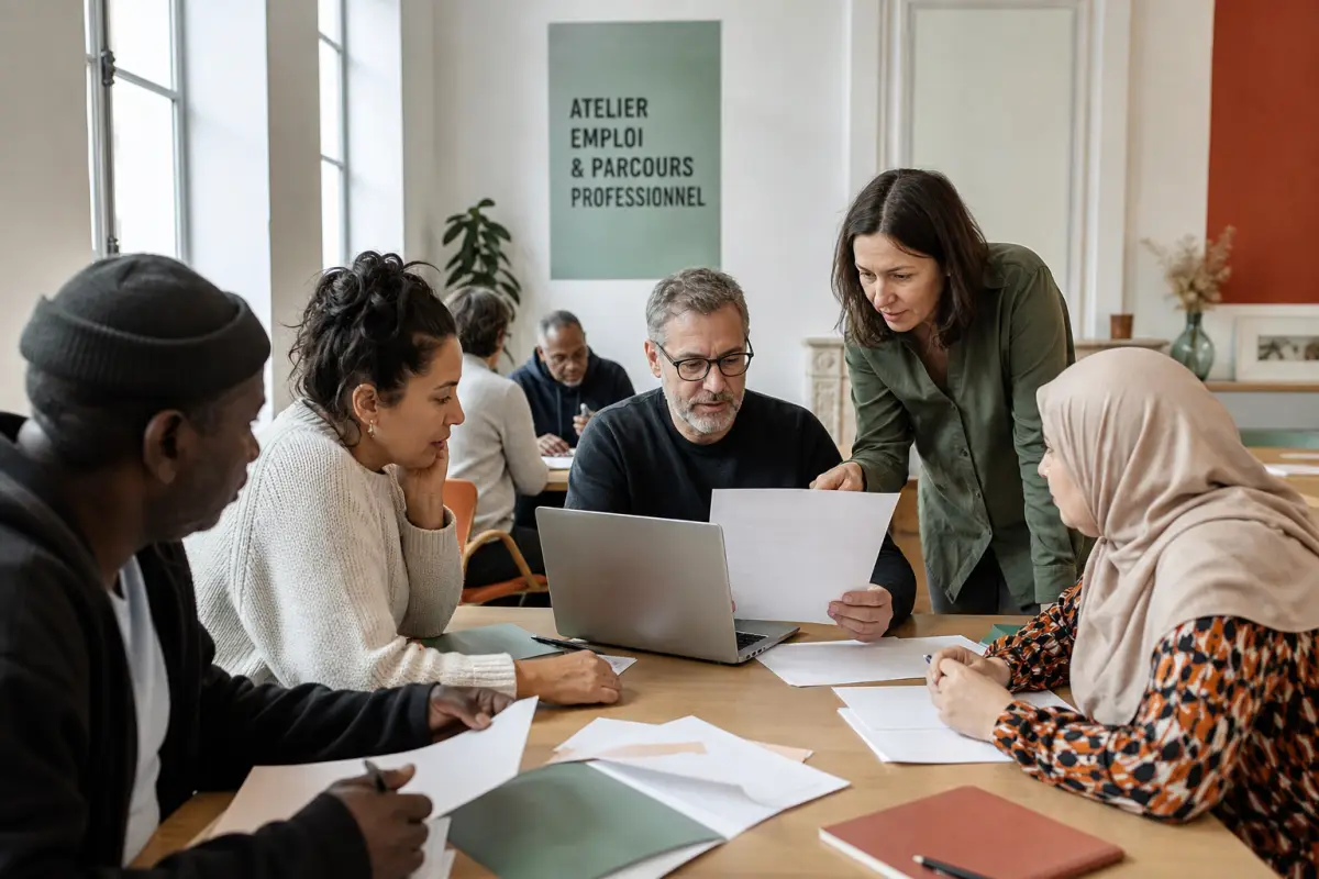 Des adultes examinent un CV et un ordinateur pendant un atelier professionnel en France